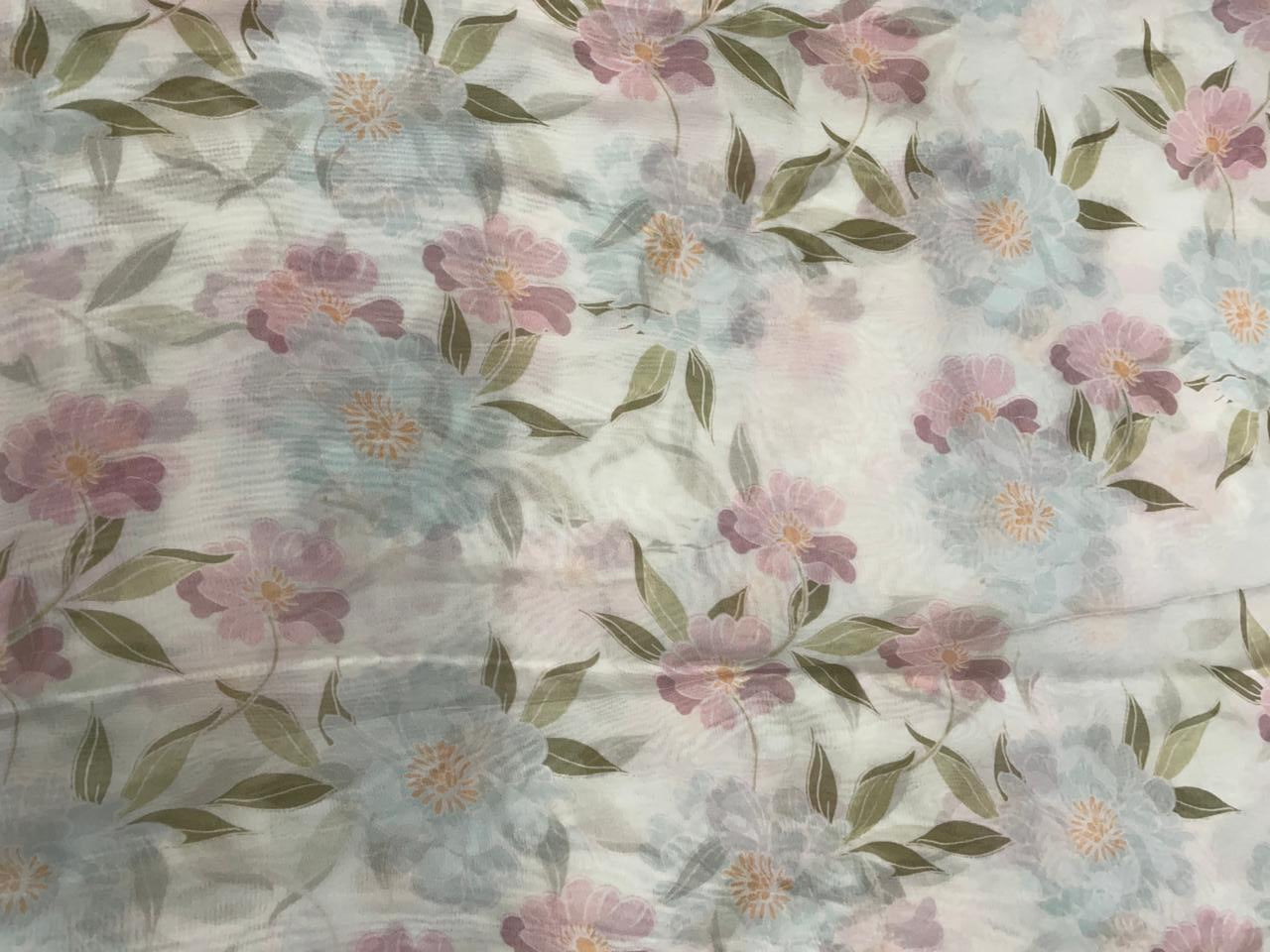 White Floral Viscose Organza Fabric - Kapda Shop