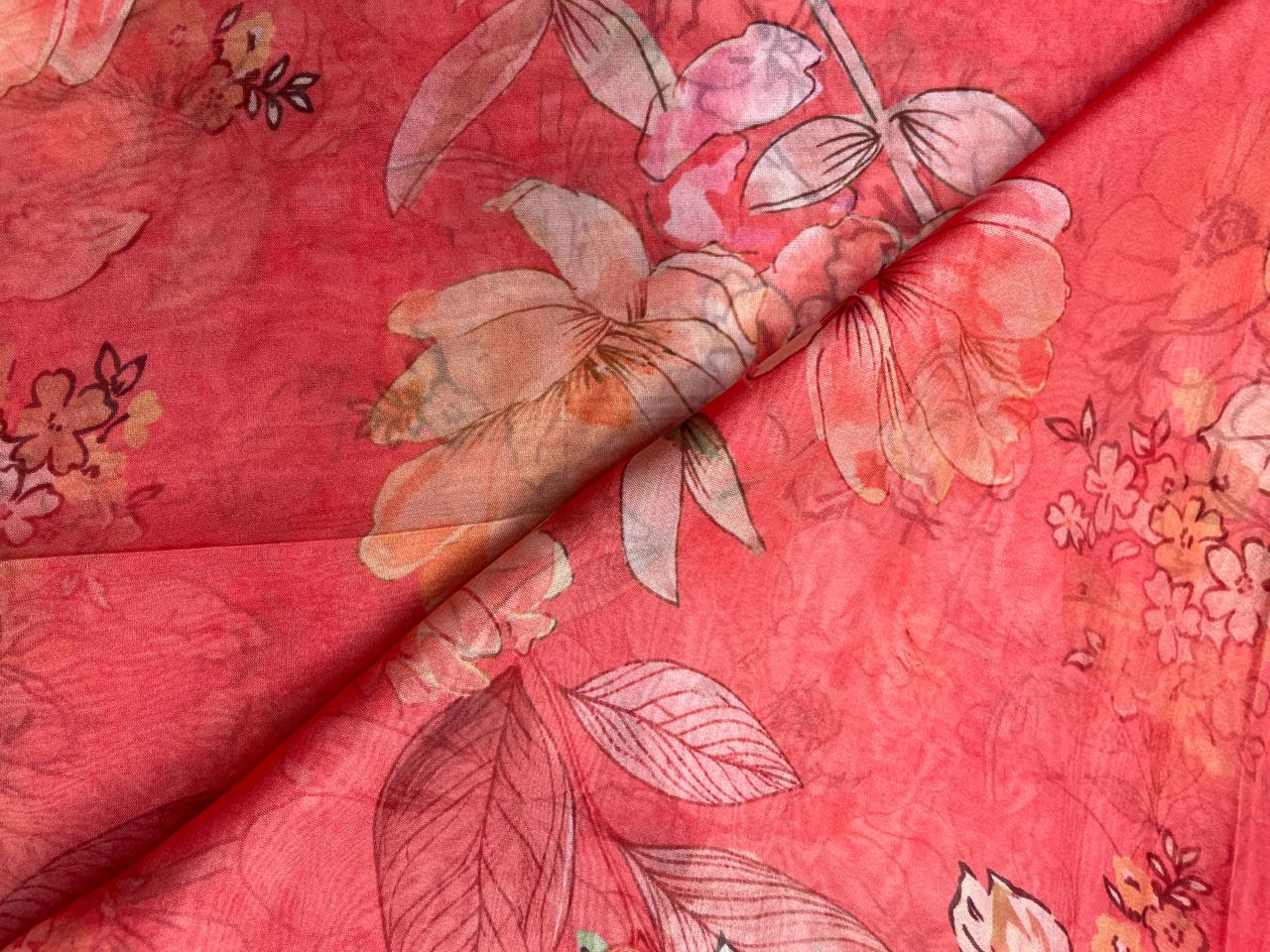 Dull Red Floral Viscose Organza Fabric - Kapda Shop