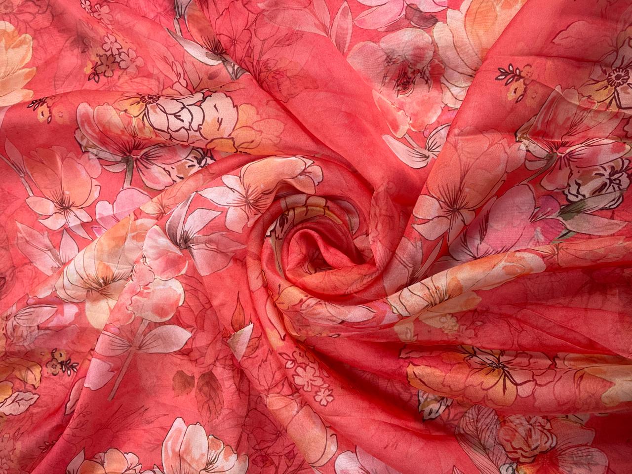 Dull Red Floral Viscose Organza Fabric - Kapda Shop