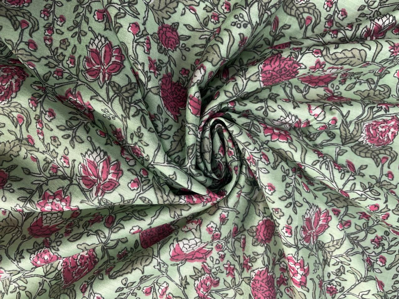 Sea Green Floral Chanderi Fabric Kapdashop