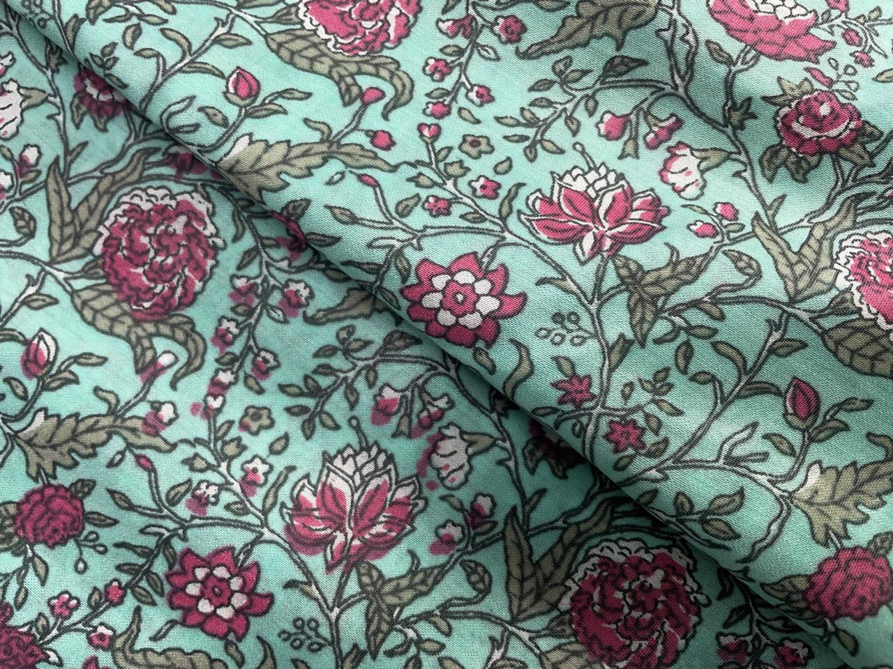 Sky Blue Floral Chanderi Fabric KTEX