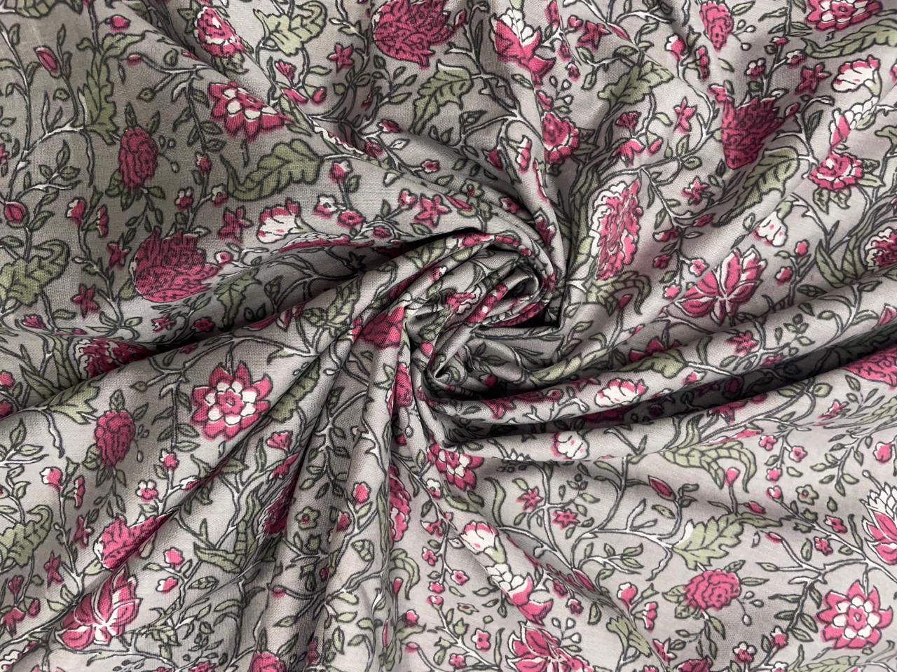 Light Grey Floral Chanderi Fabric Kapdashop