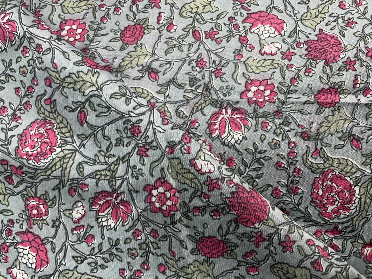 Grey Floral Chanderi Fabric KTEX