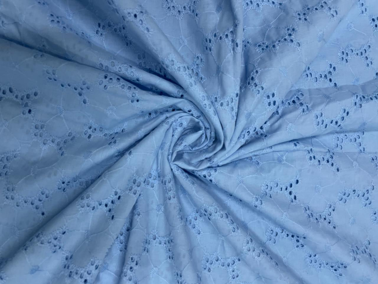 Sky Blue Floral Cotton Chikan Fabric Kapdashop