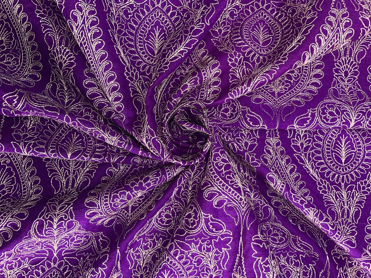Royal Purple Floral Embroidered Thread Work Pure Monga Silk Fabric KTEX