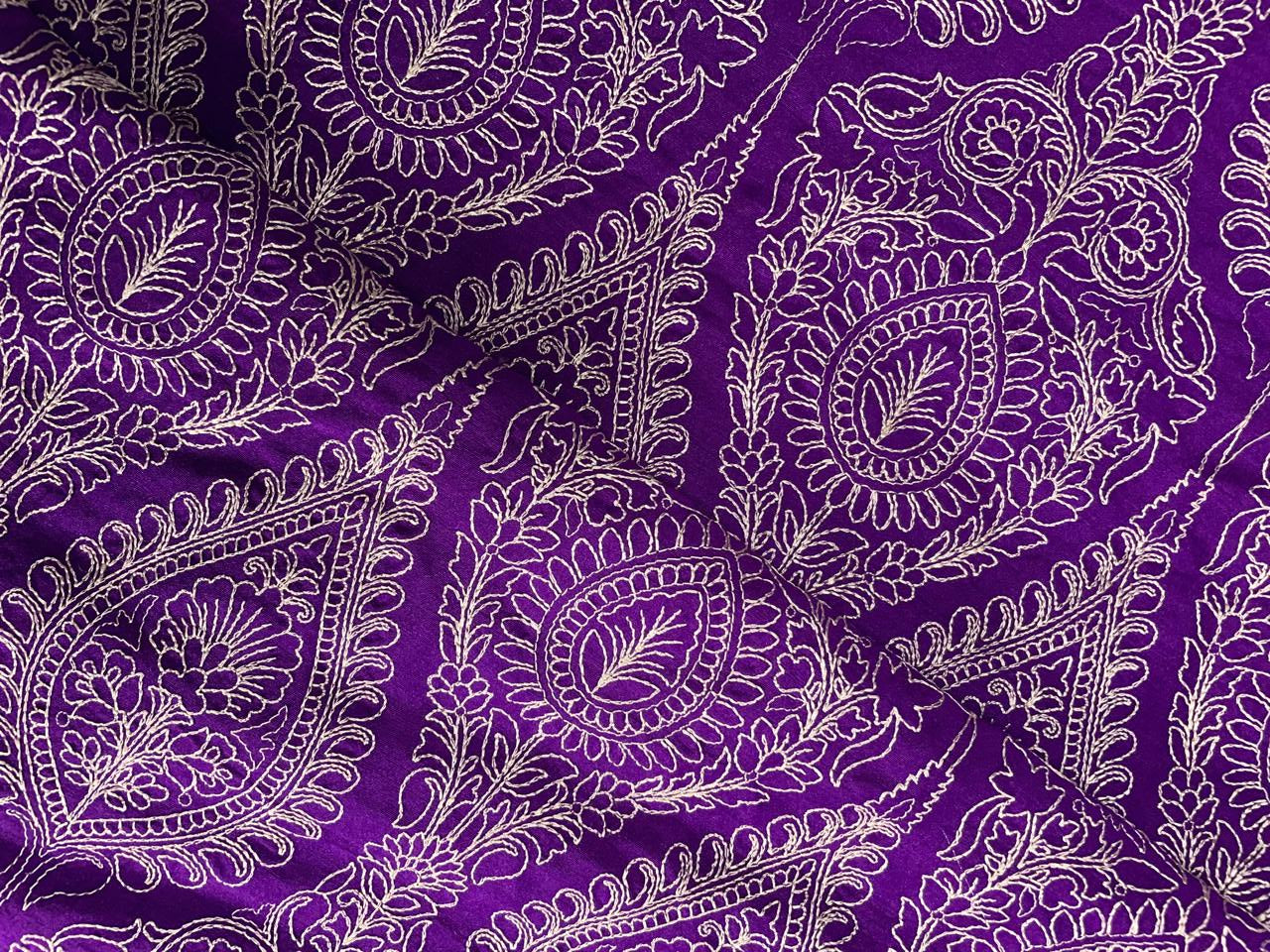 Royal Purple Floral Embroidered Thread Work Pure Monga Silk Fabric KTEX