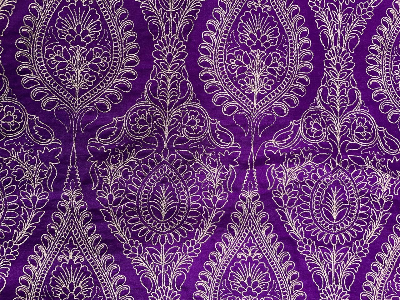 Royal Purple Floral Embroidered Pure Monga Silk Fabric Kapdashop
