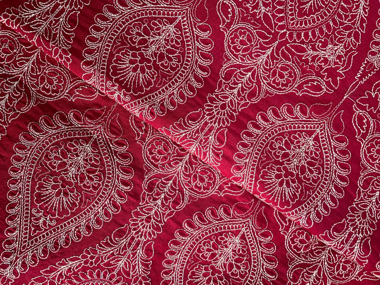 Red Floral Embroidered Thread Work Pure Monga Silk Fabric KTEX
