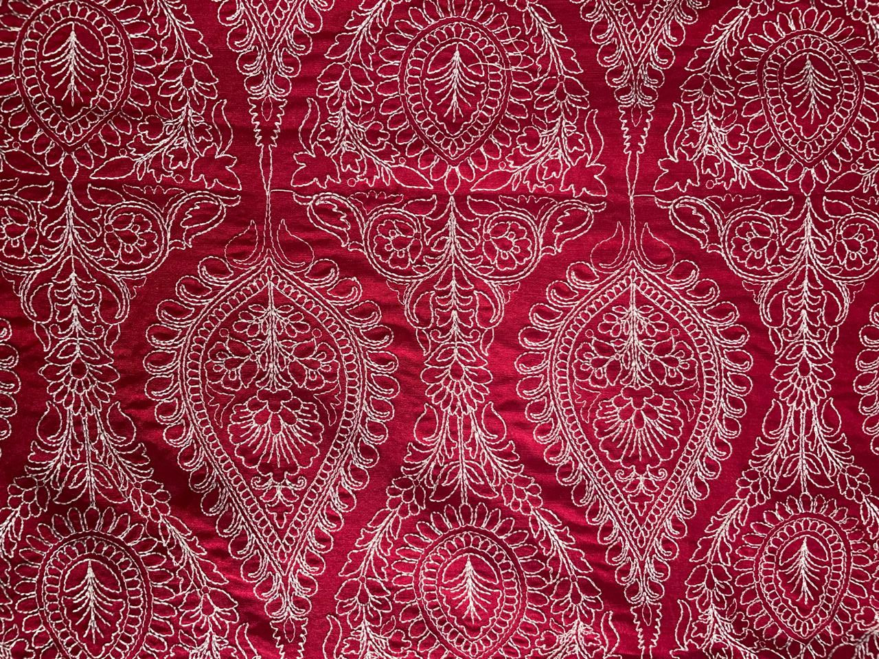 Red Floral Embroidered Thread Work Pure Monga Silk Fabric KTEX