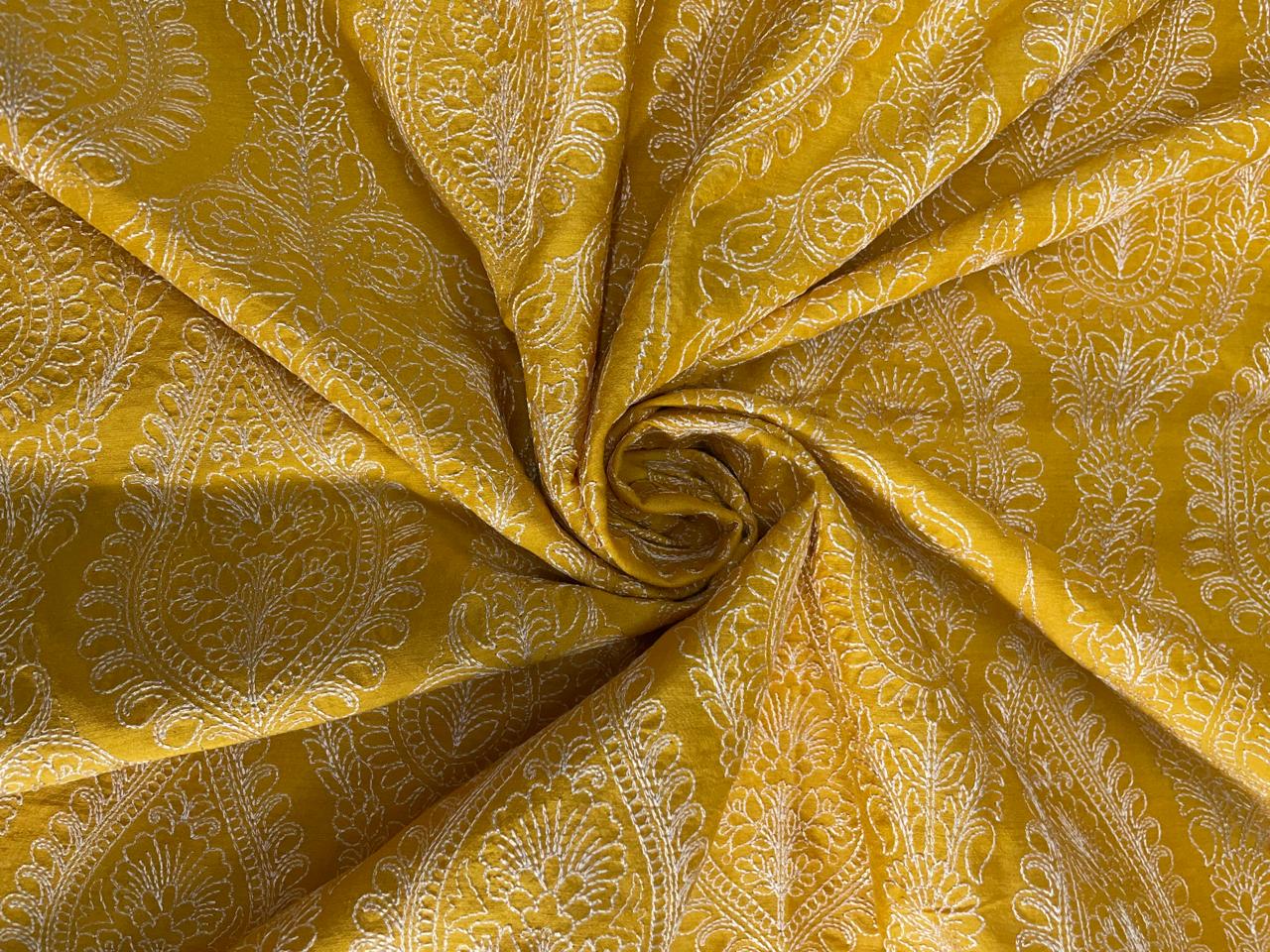 Yellow Floral Embroidered Pure Monga Silk Fabric Kapdashop