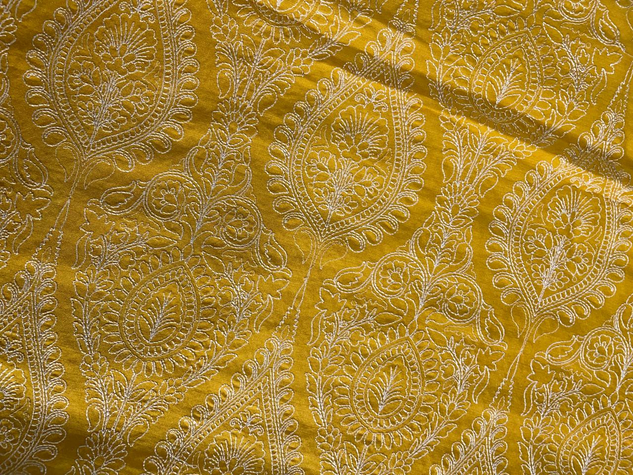 Yellow Floral Embroidered Pure Monga Silk Fabric Kapdashop