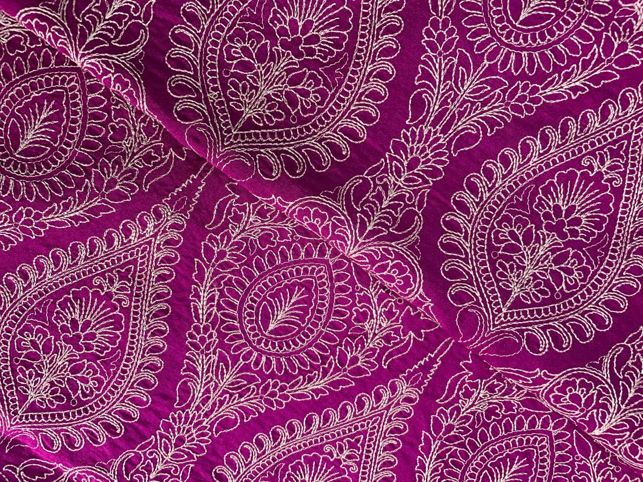 Magenta Floral Embroidered Thread Work Pure Monga Silk Fabric KTEX
