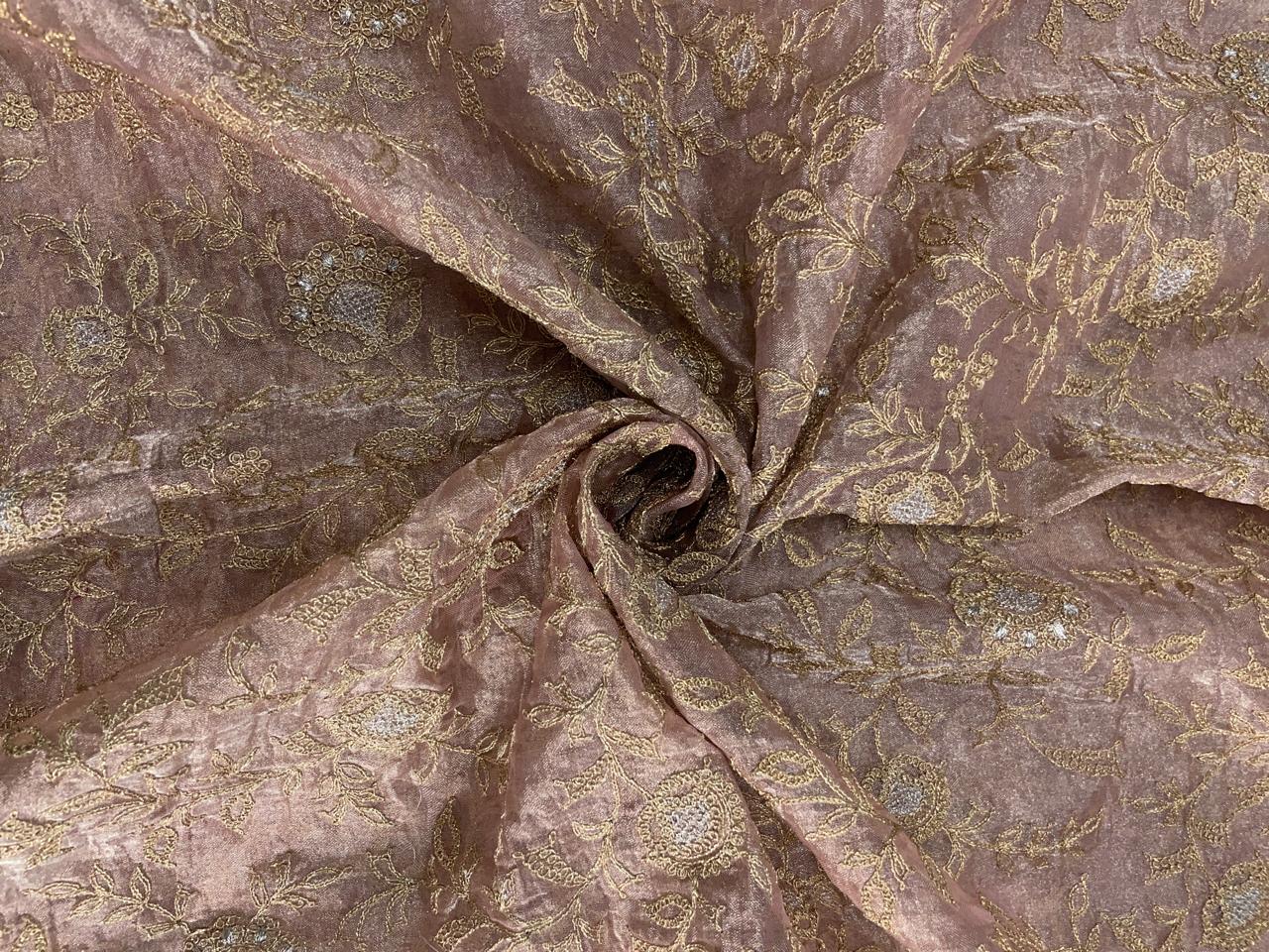 Beige Gold Floral Pure Tissue Embroidered Fabric KTEX