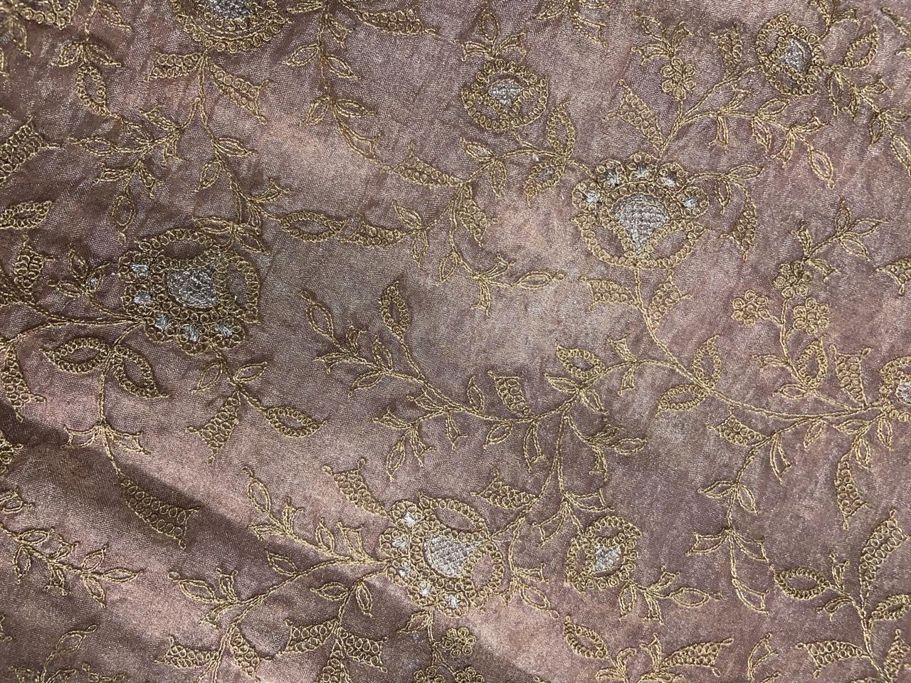 Beige Gold Floral Pure Tissue Embroidered Fabric Kapdashop