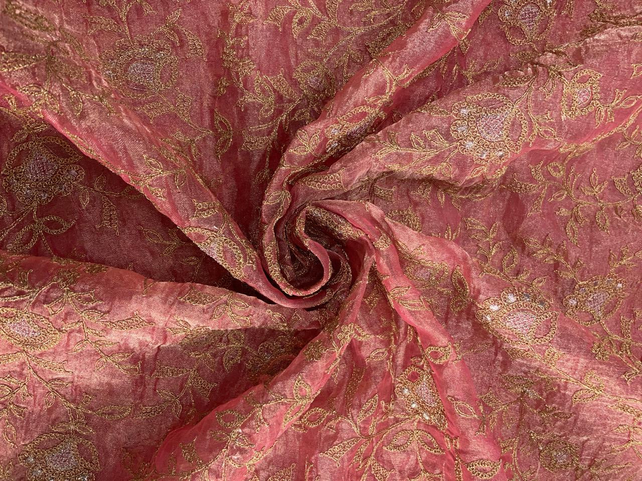 Red Floral Pure Tissue Embroidered Fabric Kapdashop