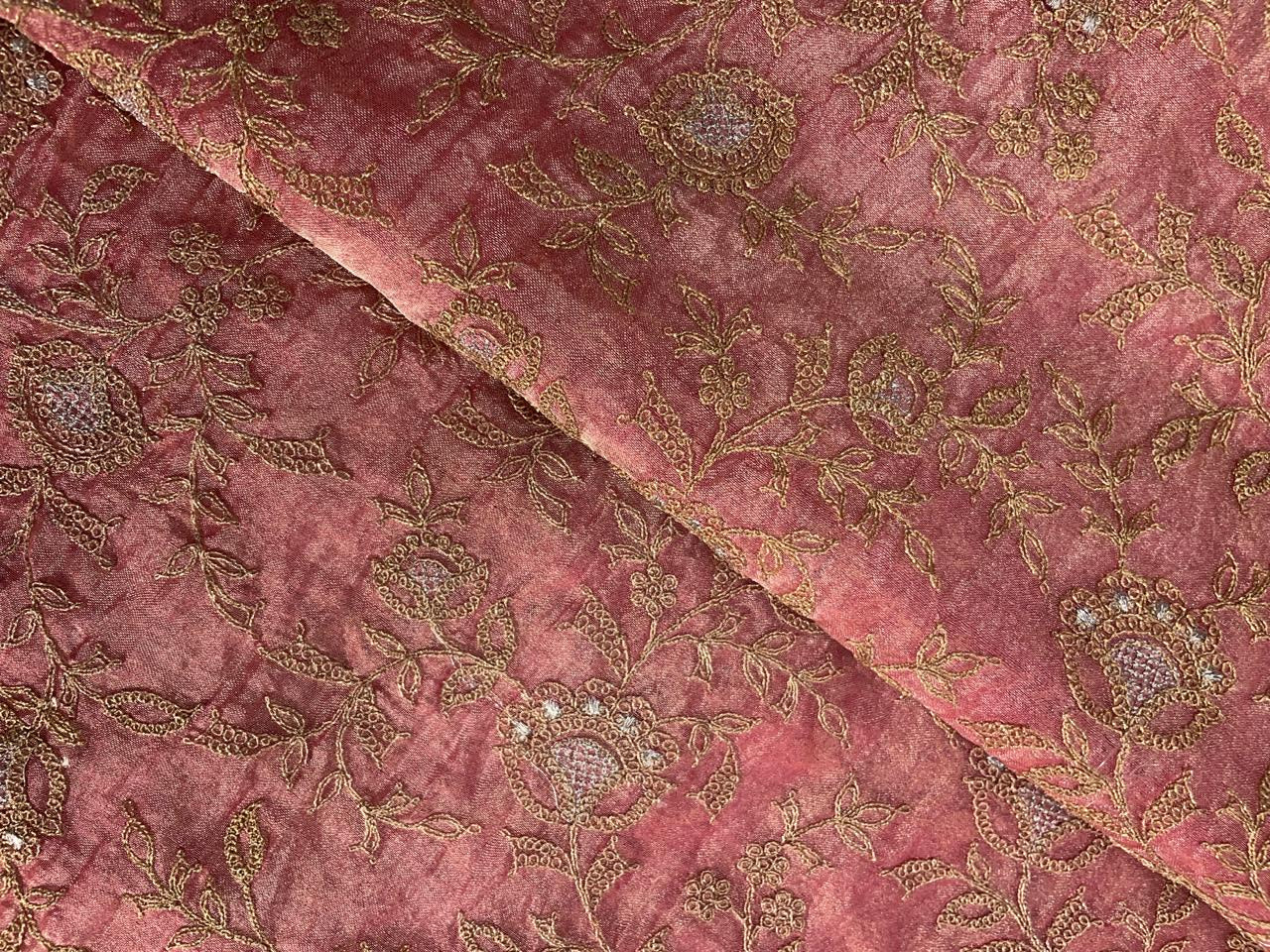 Red Floral Pure Tissue Embroidered Fabric KTEX