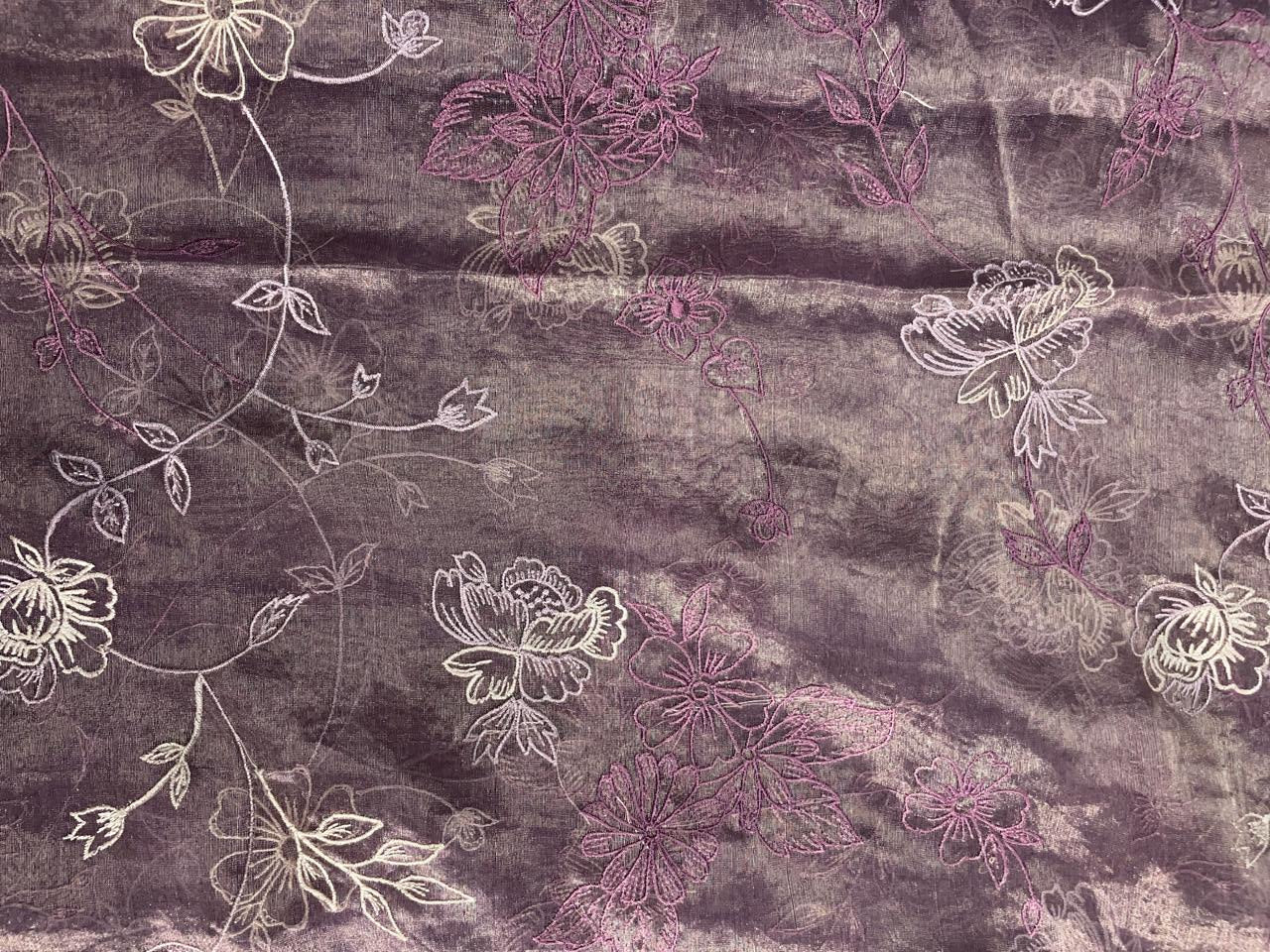 Lilac Floral Pure Tissue Embroidered Fabric Kapdashop