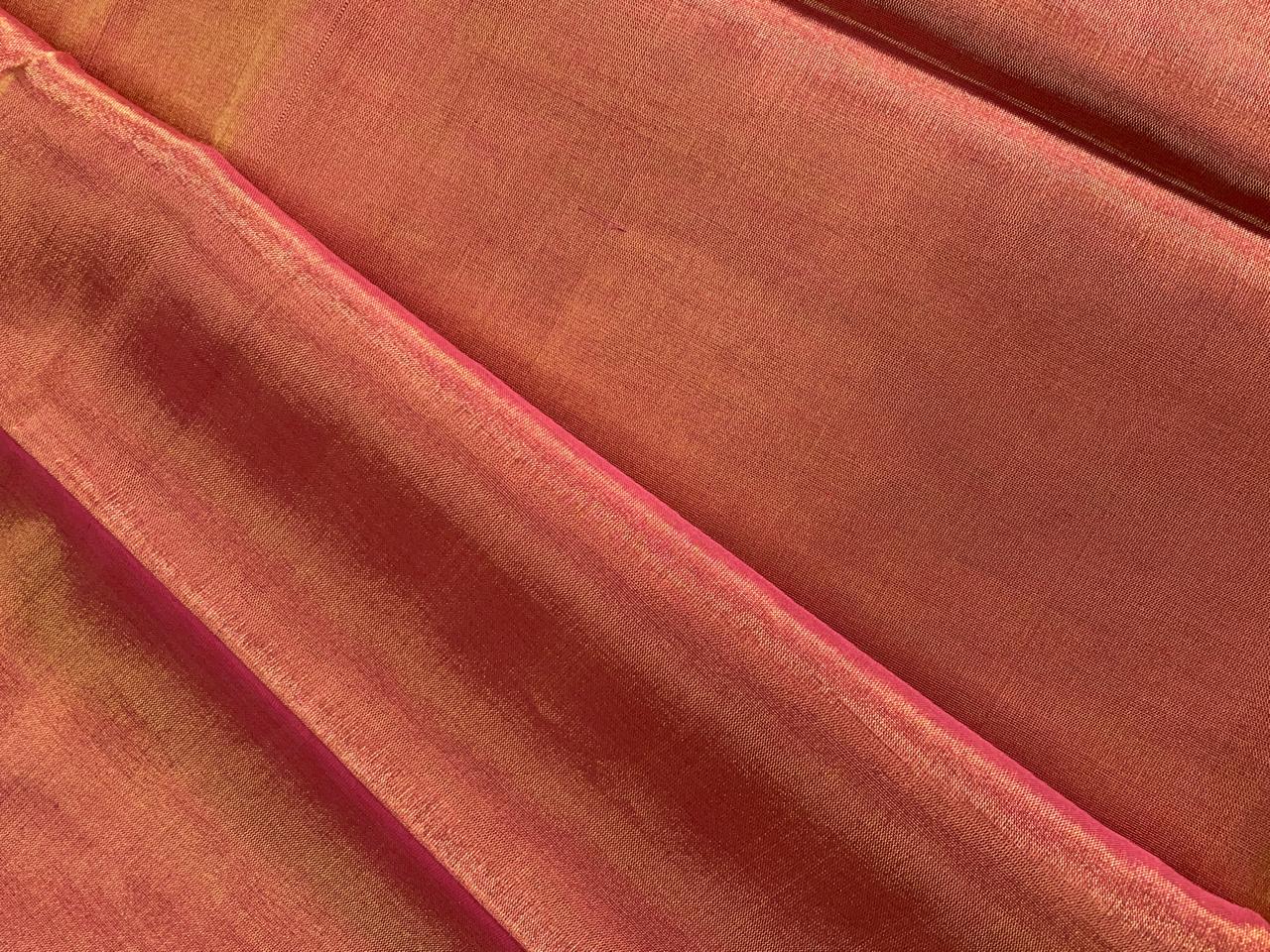 Pink & Gold Plain Pure Silk Tissue Fabric Kapdashop