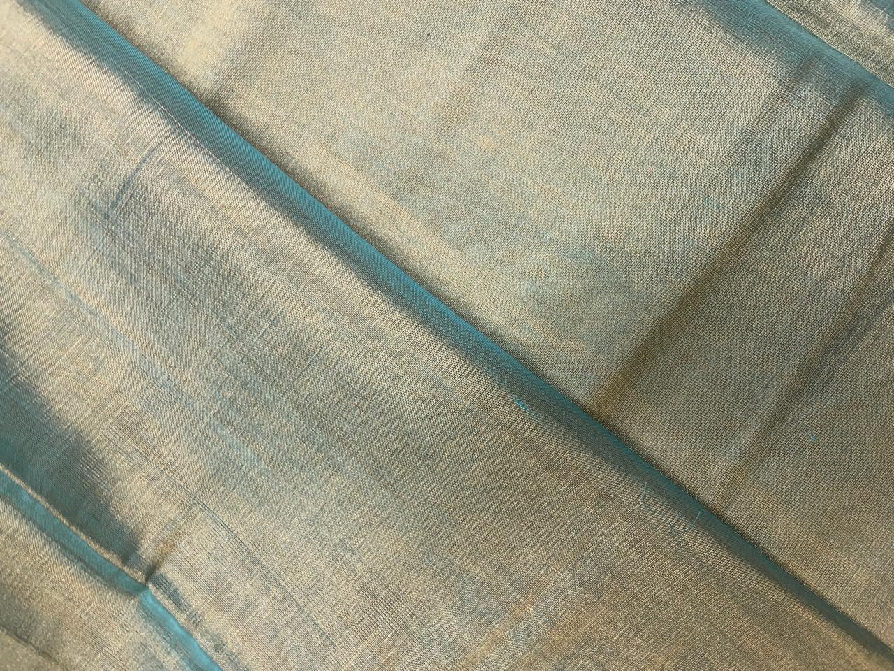 Sky Blue & Gold Plain Pure Silk Tissue Fabric Kapdashop