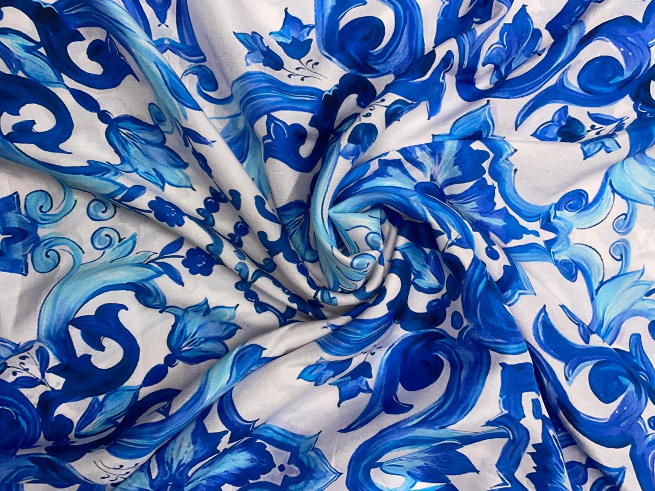 Blue & White Floral Pure Dupion Silk Fabric Kapdashop