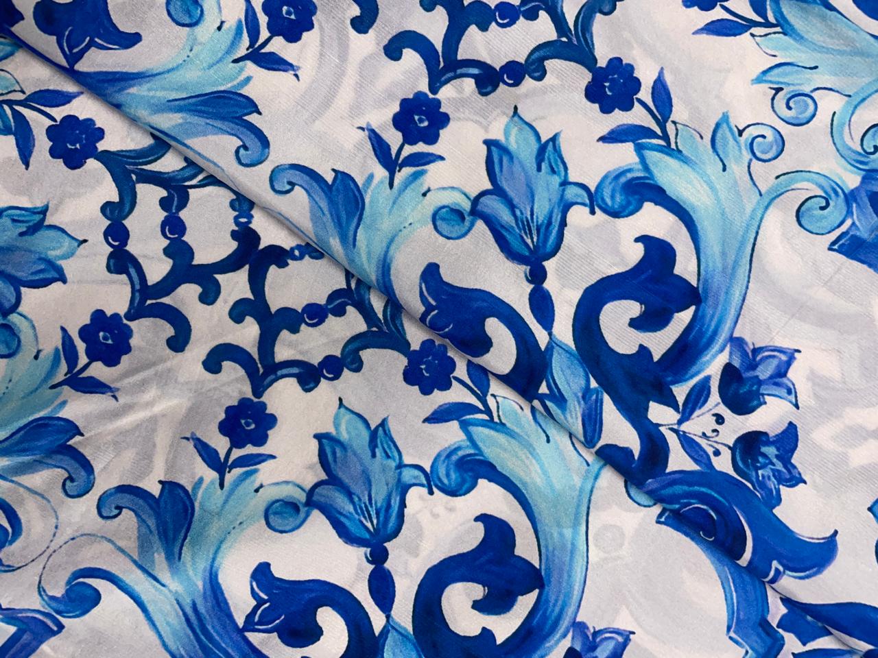 Blue & White Floral Pure Dupion Silk Fabric Kapdashop