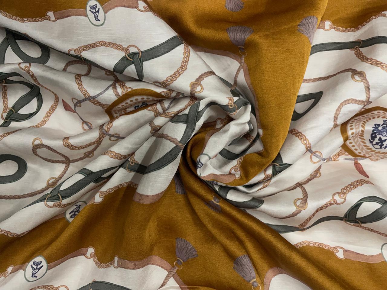 Mustard & White Abstract Linen Satin Fabric Kapdashop