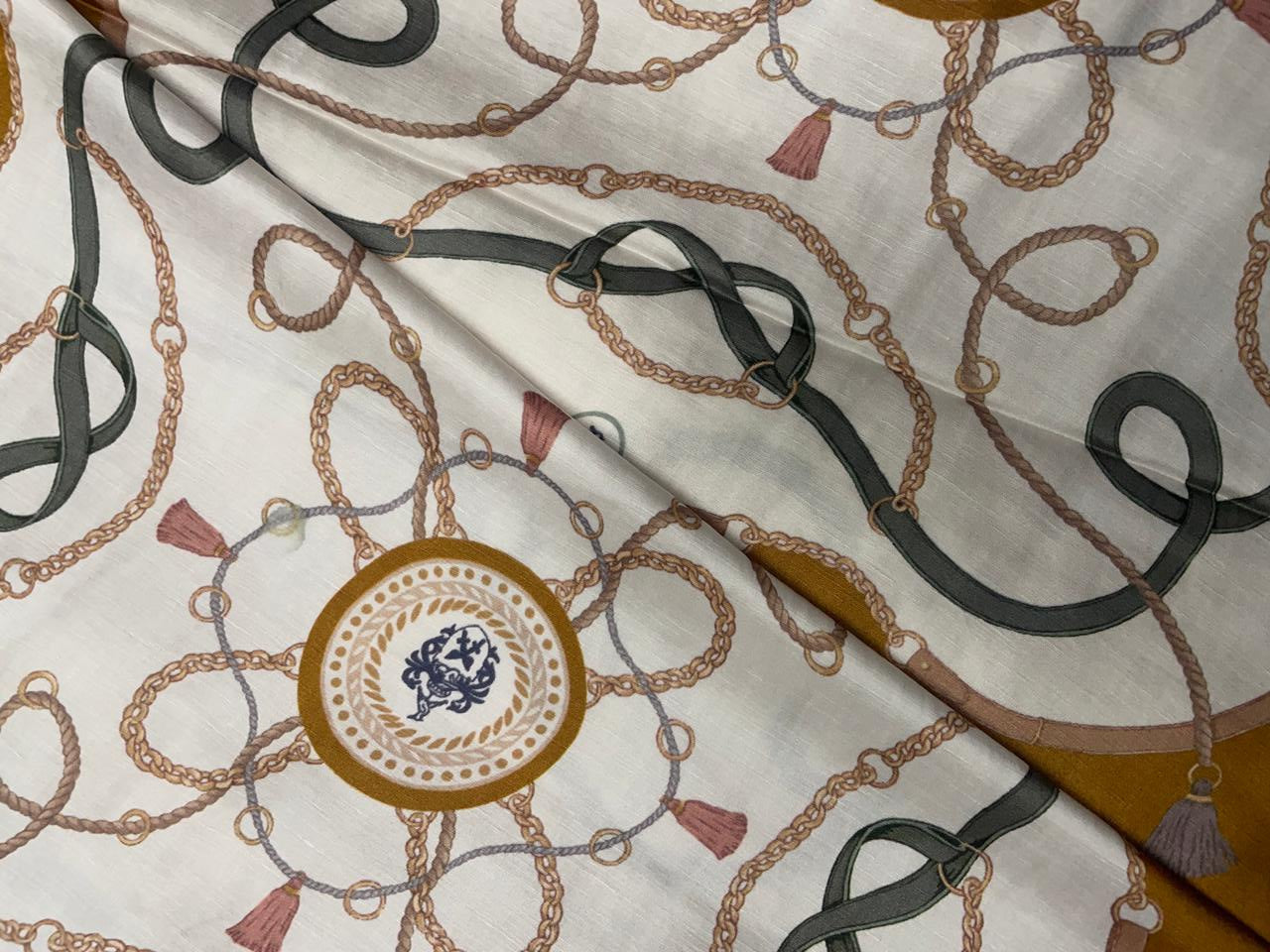 Mustard & White Abstract Linen Satin Fabric Kapdashop