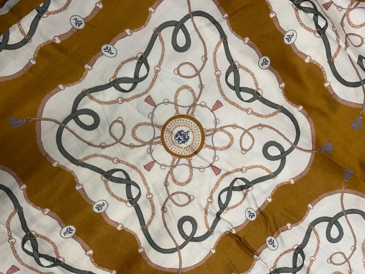 Mustard & White Abstract Linen Satin Fabric Kapdashop