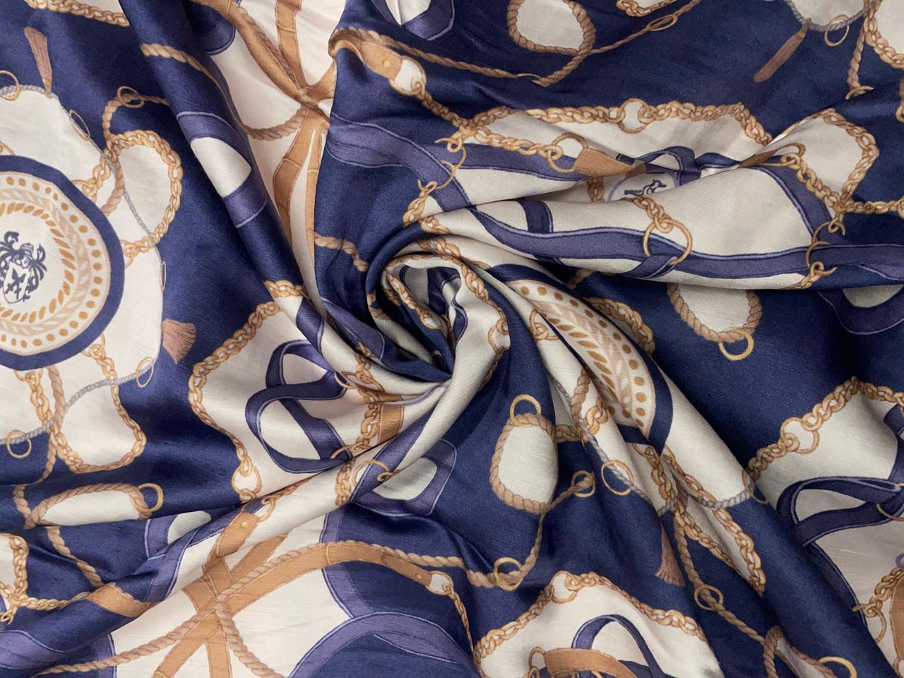 Teal Blue & White Abstract Linen Satin Fabric Kapdashop