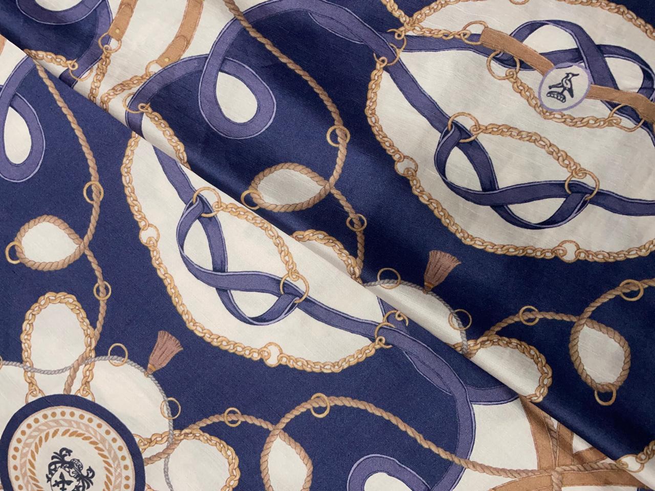 Teal Blue & White Abstract Linen Satin Fabric KTEX