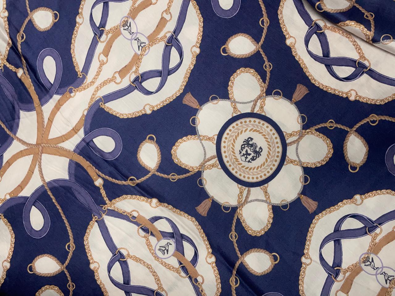 Teal Blue & White Abstract Linen Satin Fabric Kapdashop