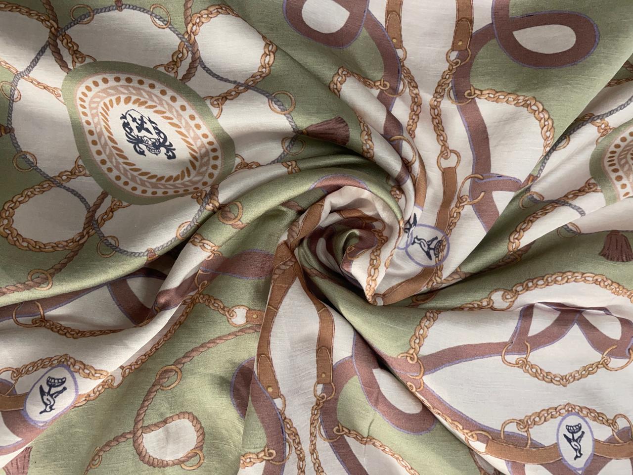 Sea Green & White Abstract Linen Satin Fabric KTEX