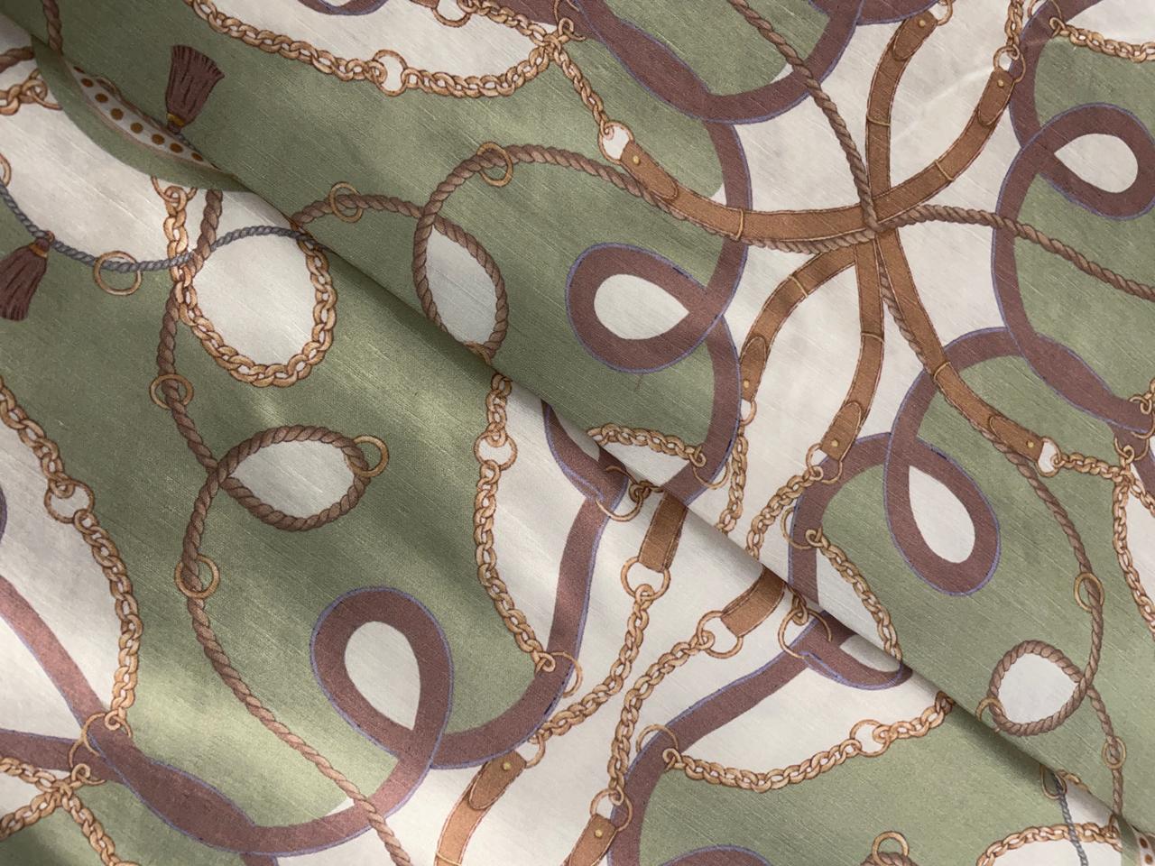 Sea Green & White Abstract Linen Satin Fabric KTEX