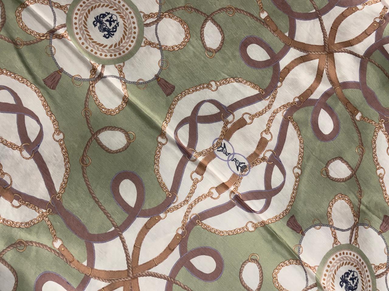 Sea Green & White Abstract Linen Satin Fabric KTEX