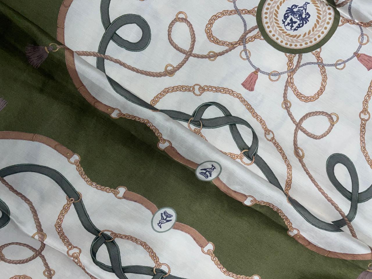 Olive Green & White Abstract Linen Satin Fabric KTEX