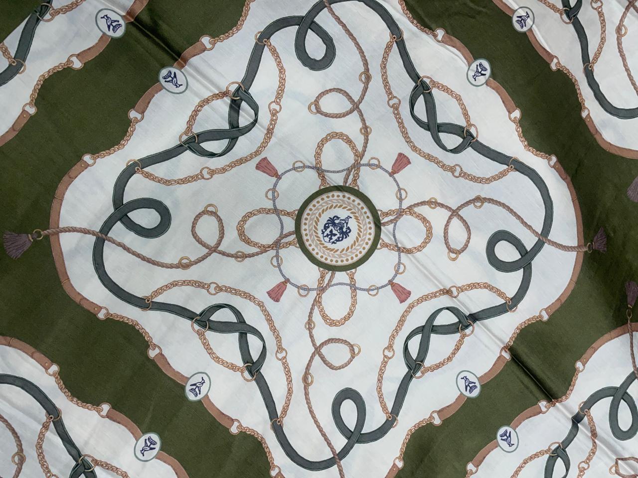 Olive Green & White Abstract Linen Satin Fabric KTEX