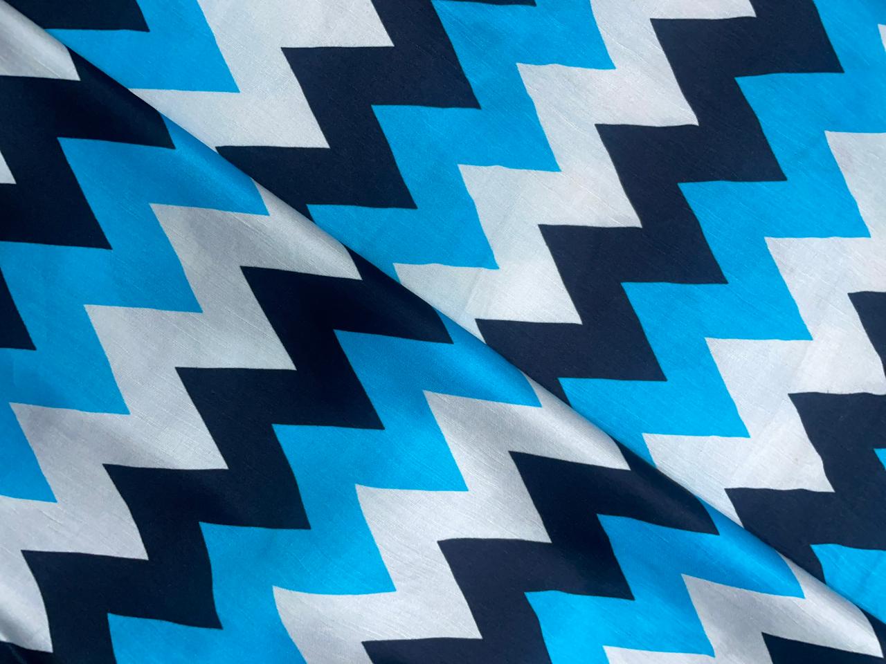 Sky Blue Chevron Linen Satin Fabric Kapdashop