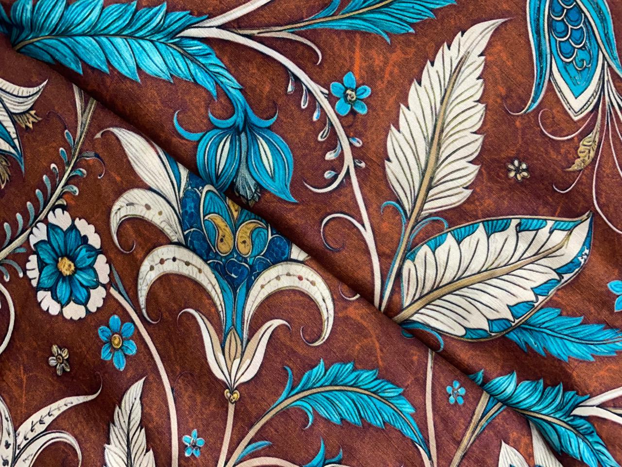 Brown Floral Linen Satin Fabric Kapdashop
