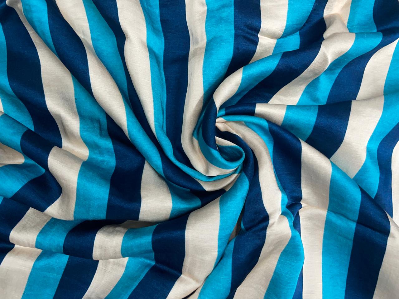 Navy Blue Stripes Linen Satin Fabric Kapdashop