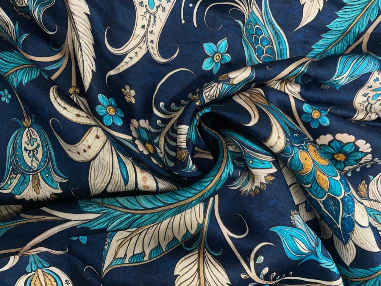 Navy Blue Floral Linen Satin Fabric Kapdashop