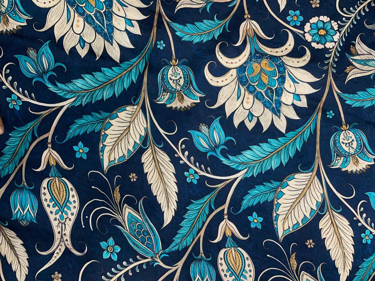 Navy Blue Floral Linen Satin Fabric Kapdashop