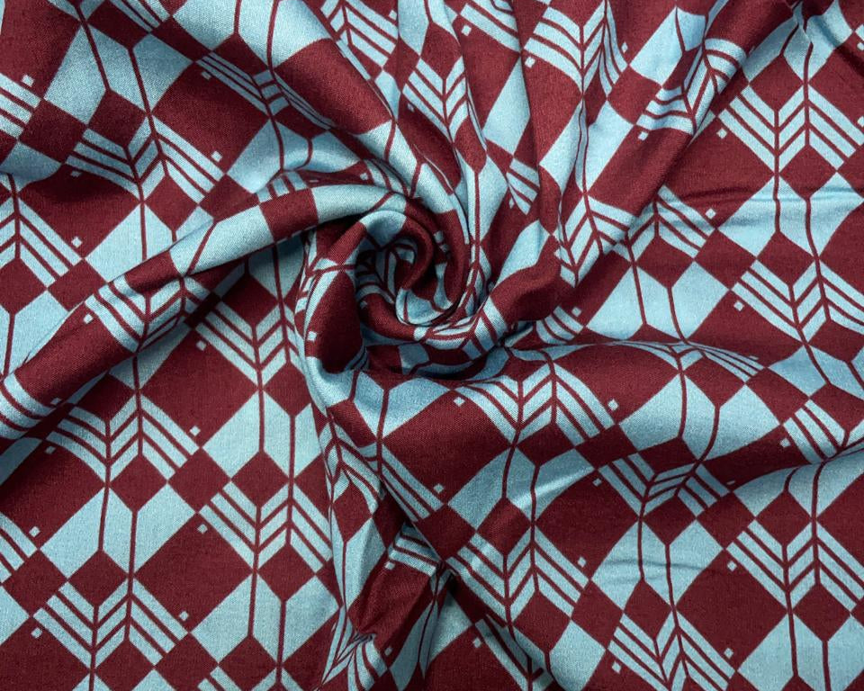 Maroon & Sky Blue Geometric Pure Chanderi Fabric Kapdashop