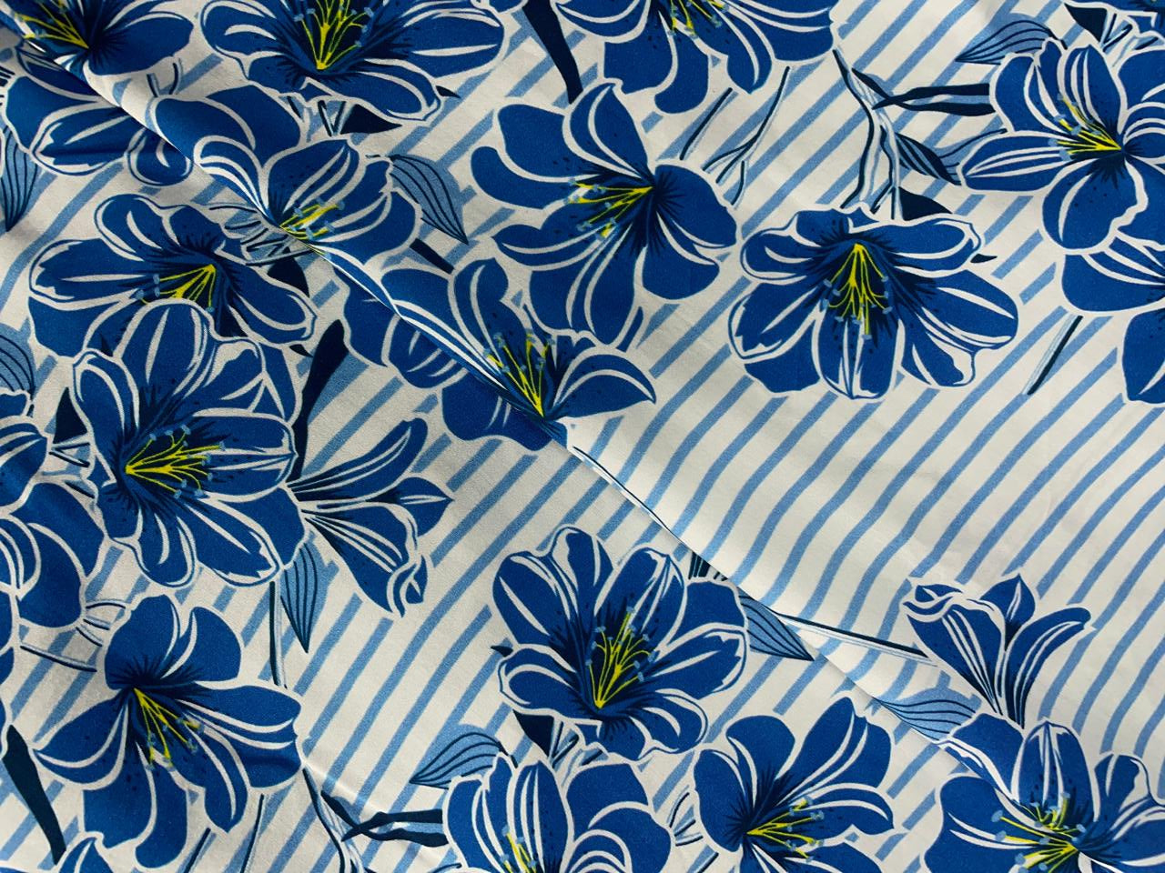 Blue & White Floral Pure Chanderi Fabric Kapdashop
