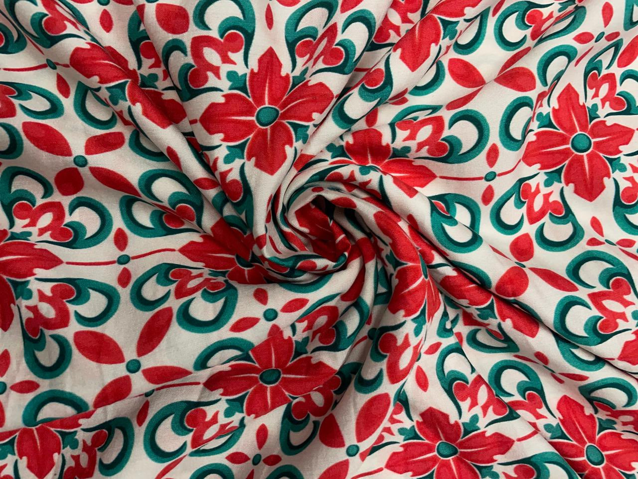 Red White Abstract Pure Chanderi Fabric KTEX