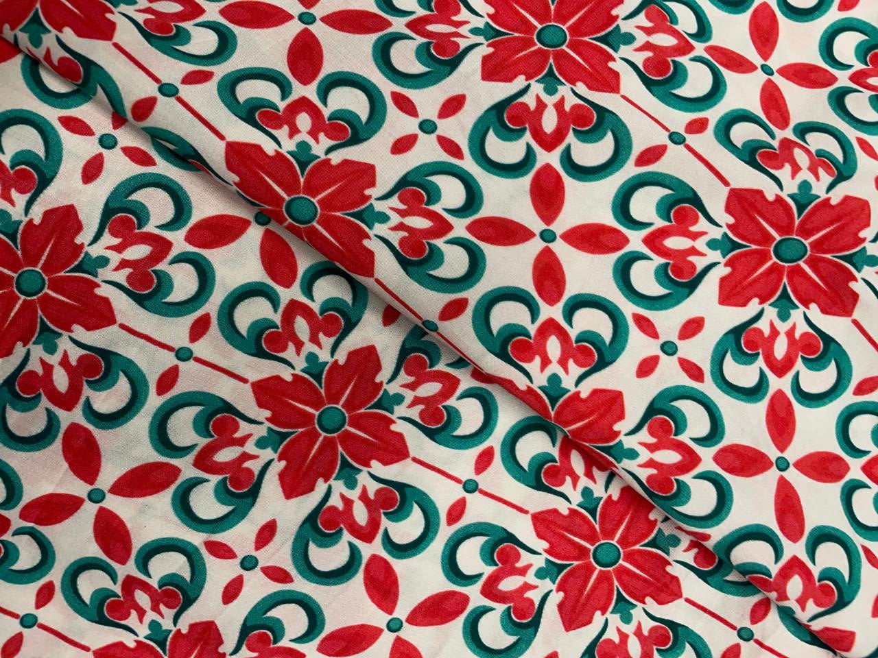 Red White Abstract Pure Chanderi Fabric KTEX