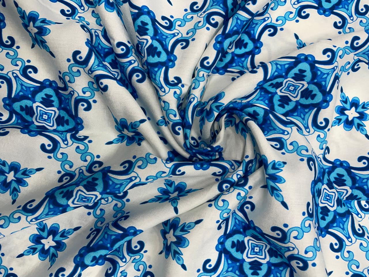 Blue White Abstract Pure Chanderi Fabric KTEX