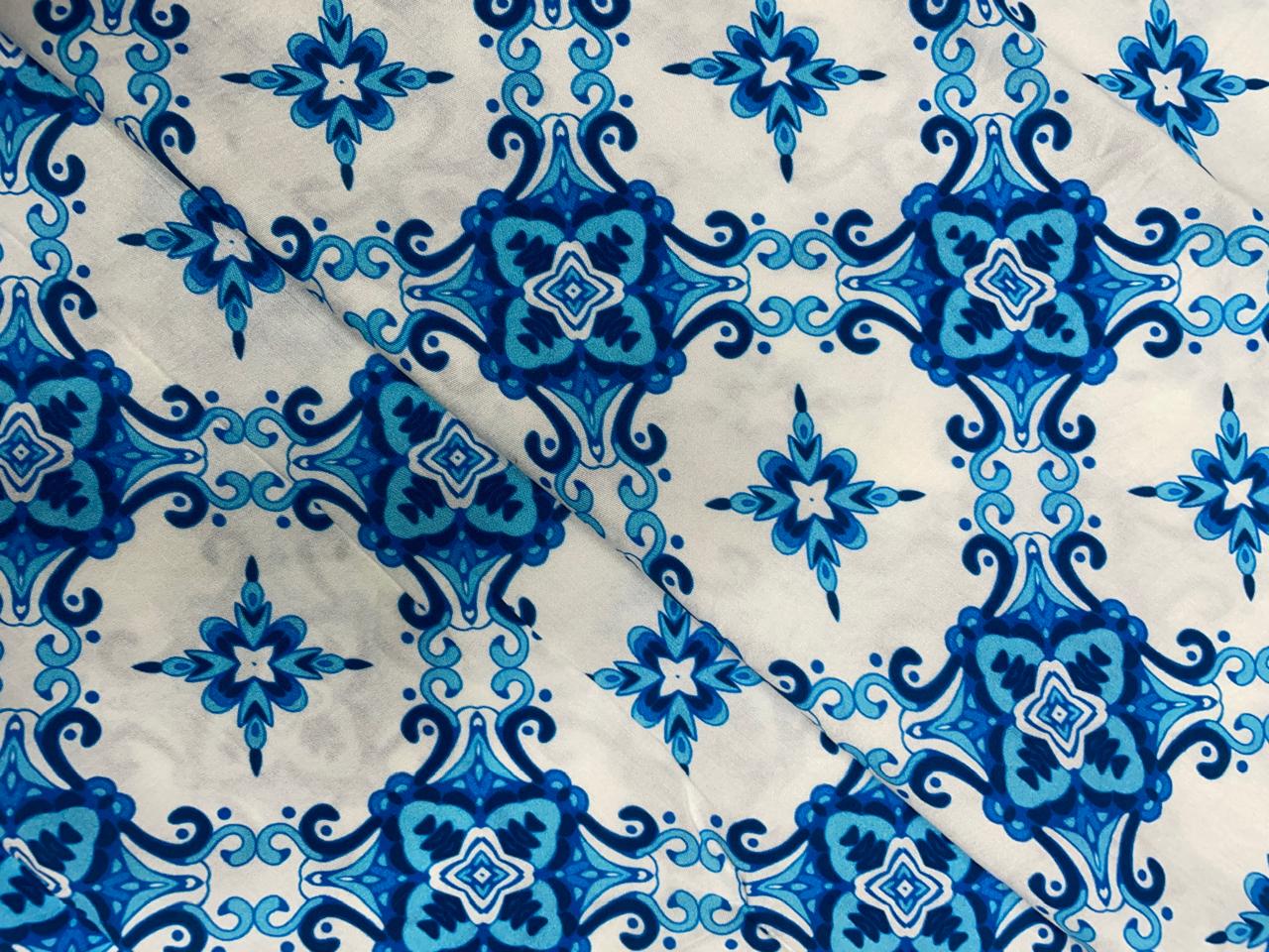 Blue White Abstract Pure Chanderi Fabric Kapdashop