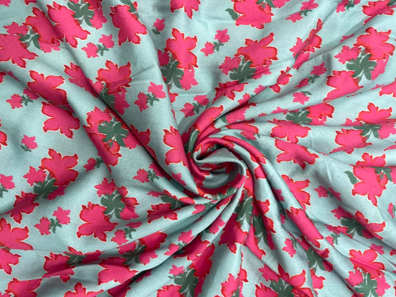 Sea Green Pink Floral Pure Chanderi Fabric Kapdashop