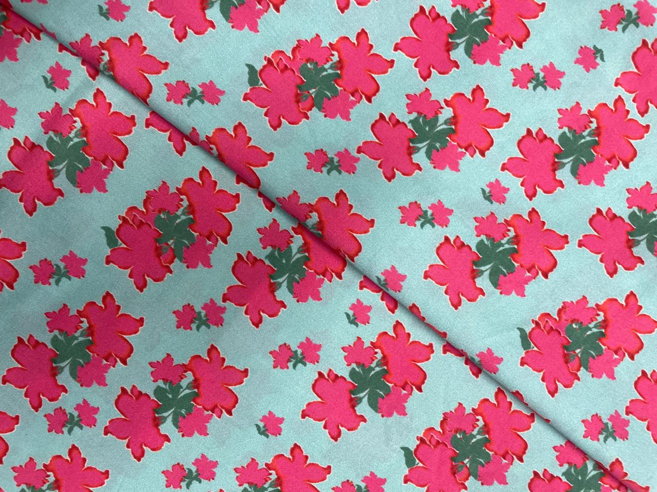 Sea Green Pink Floral Pure Chanderi Fabric KTEX