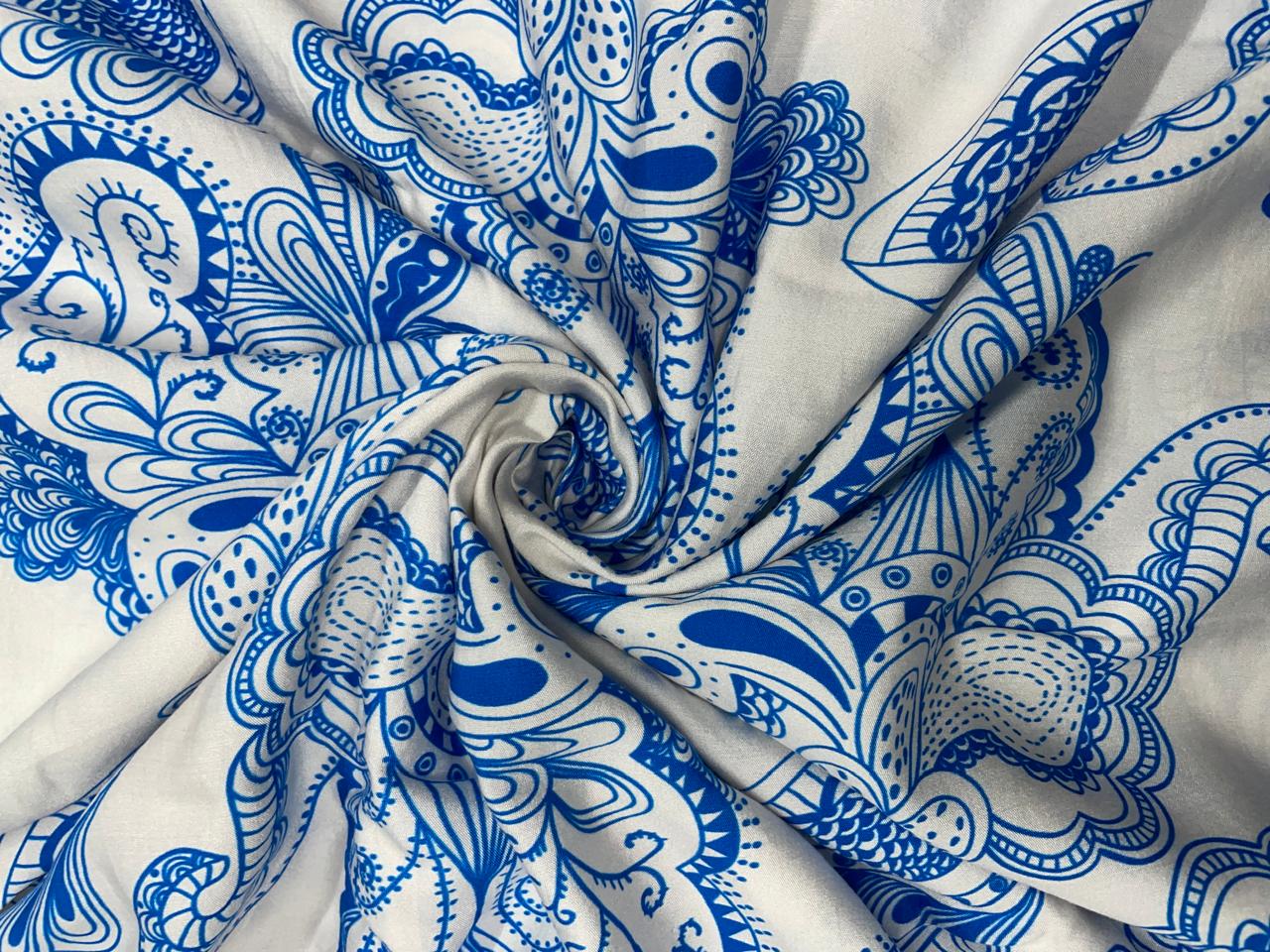 White Blue Abstract Pure Chanderi Fabric Kapdashop